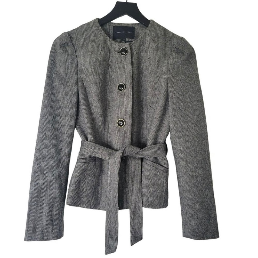 Banana Republic Wool Herringbone Stretch Puff Sleeve Blazer Belted Size 4 Black